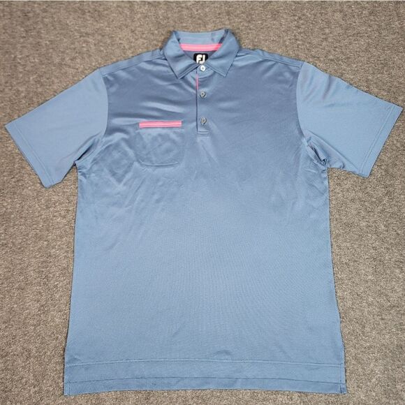 FootJoy Men's Golf Shirt Size L Blue Performance Polo With Pink Chest Pocket - Picture 1 of 13